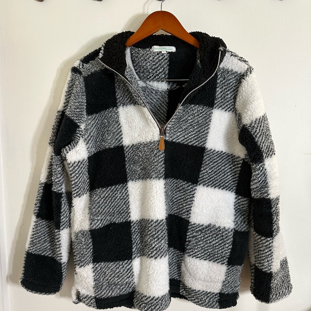 Cozy Black and White Plaid Pullover - medium
